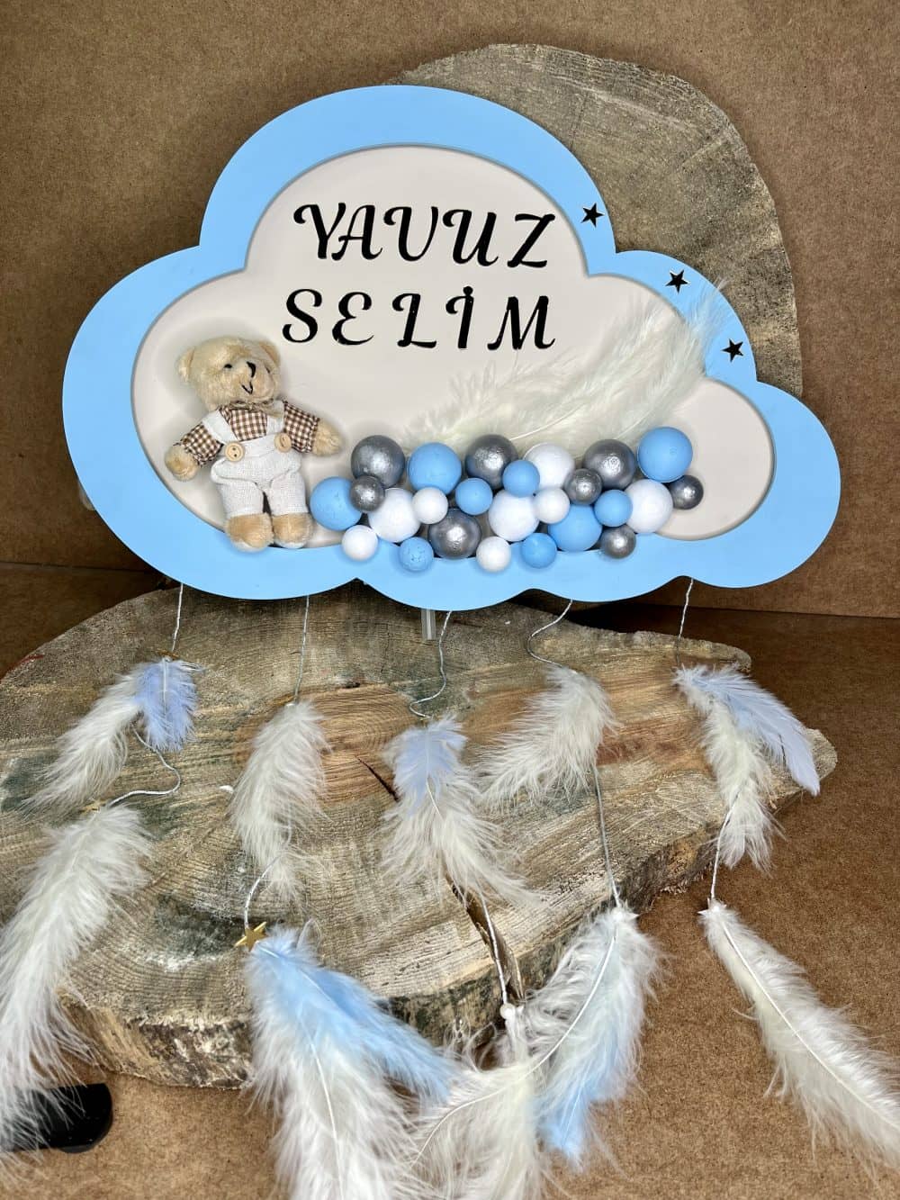 Bulutlu Ayıcıklı Ledli Bubble Ahşap Kapı Süsü - Görsel 2