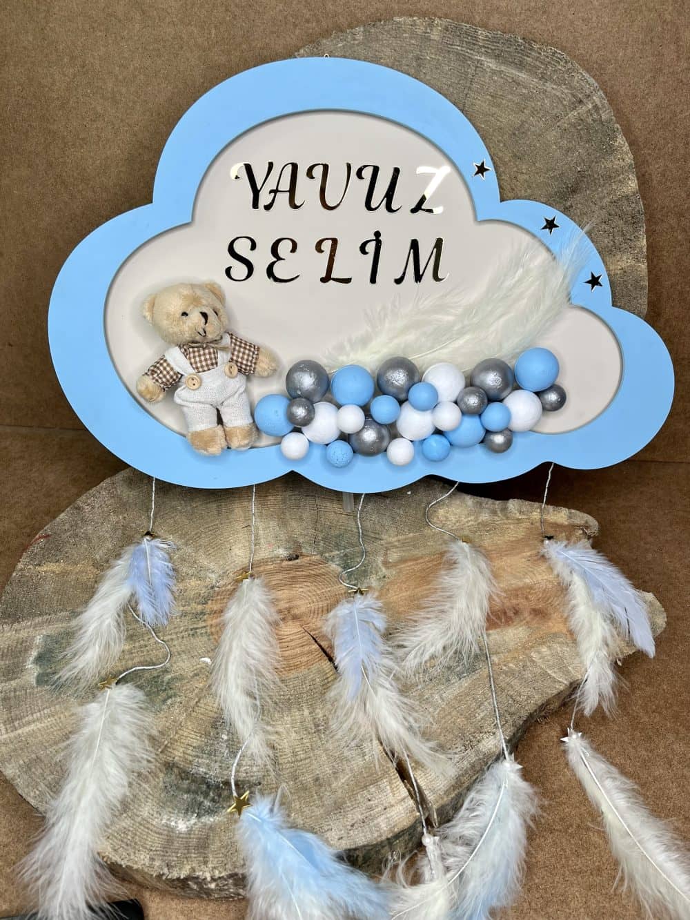 Bulutlu Ayıcıklı Ledli Bubble Ahşap Kapı Süsü - Görsel 3