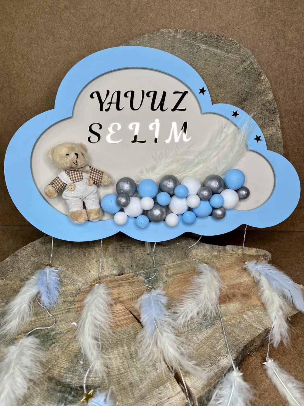 Bulutlu Ayıcıklı Ledli Bubble Ahşap Kapı Süsü