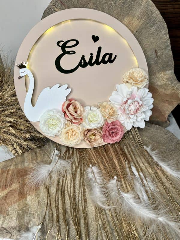 Kız Bebek Kuğulu Ledli  Kapı Süsü ve Duvar Dekorasyonu - Görsel 4