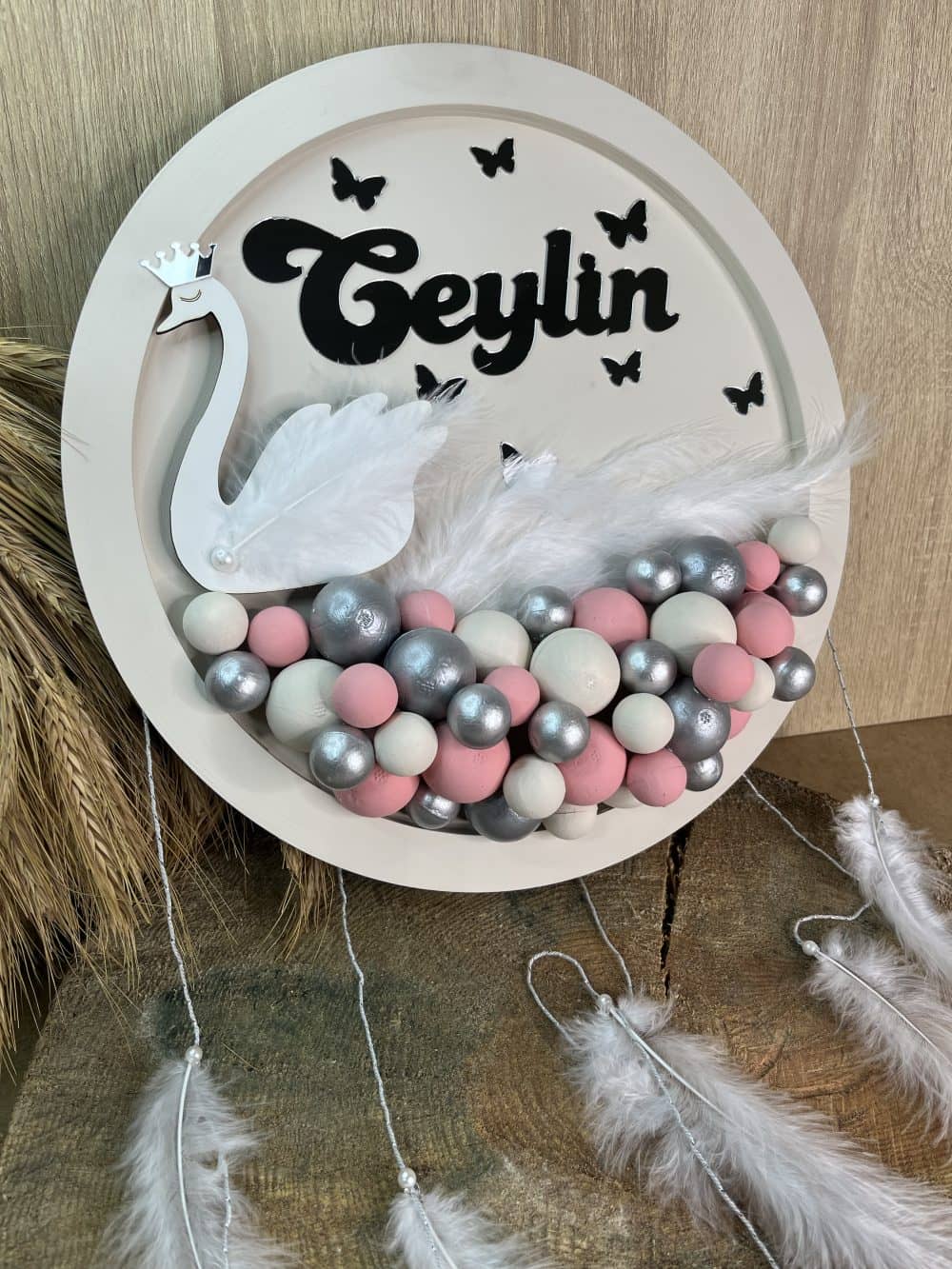 Kız Bebek Kuğulu Ahşap Bubble Kapı Süsü ve Duvar Dekorasyonu - Görsel 2