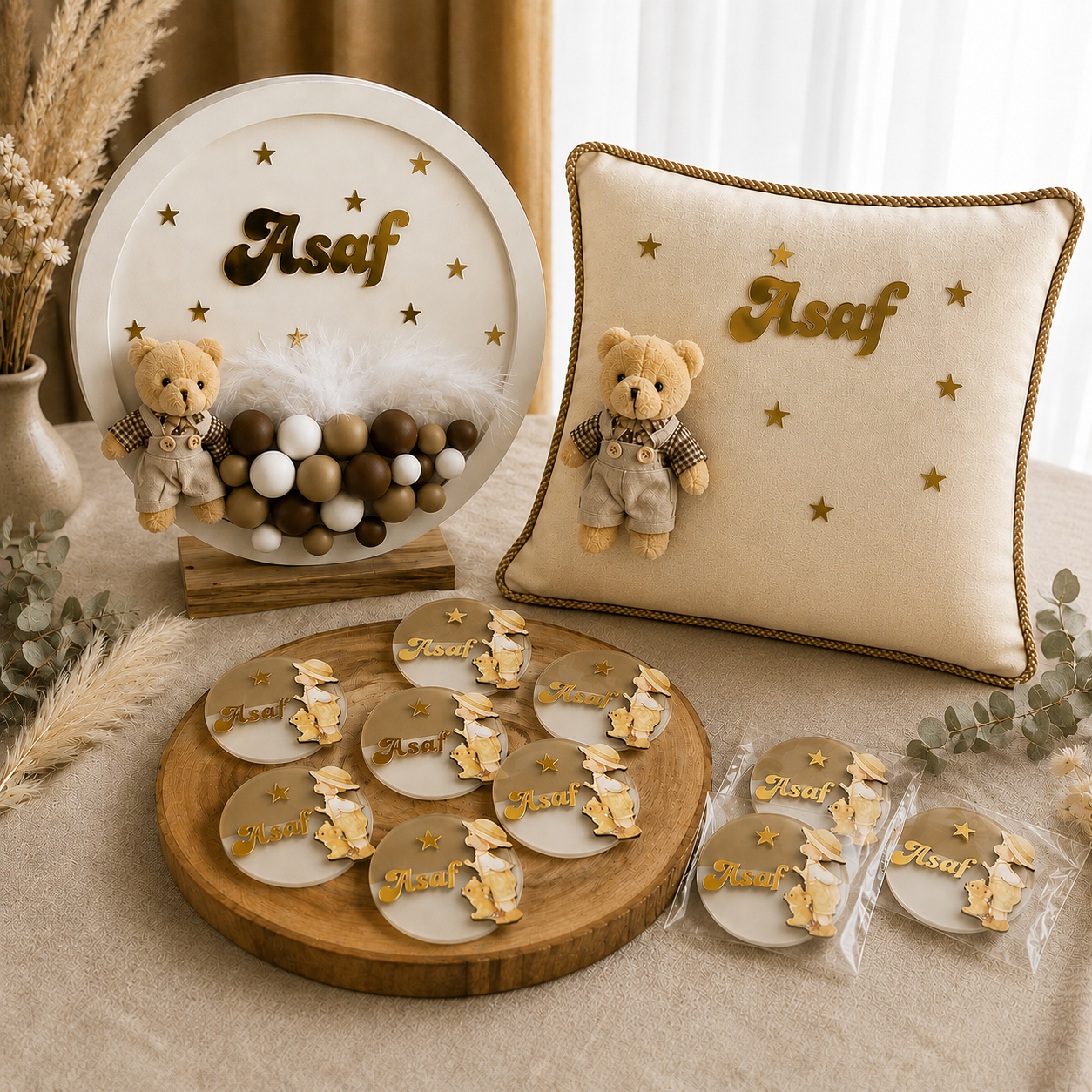 Kişiye Özel Erkek Bebek Kapı Süsü Seti – LED Işıklı Kapı Süsü, Yastık ve 25 Magnet